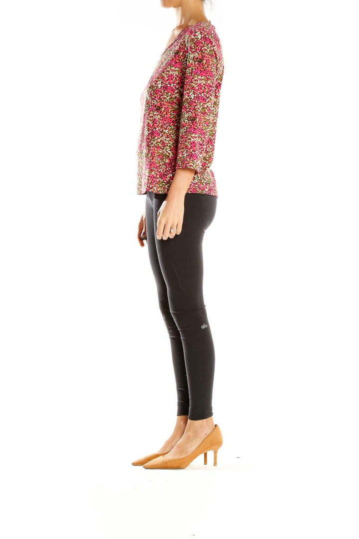 Front view of Laura Ashley pink floral V-neck blouse with 3/4 sleeves