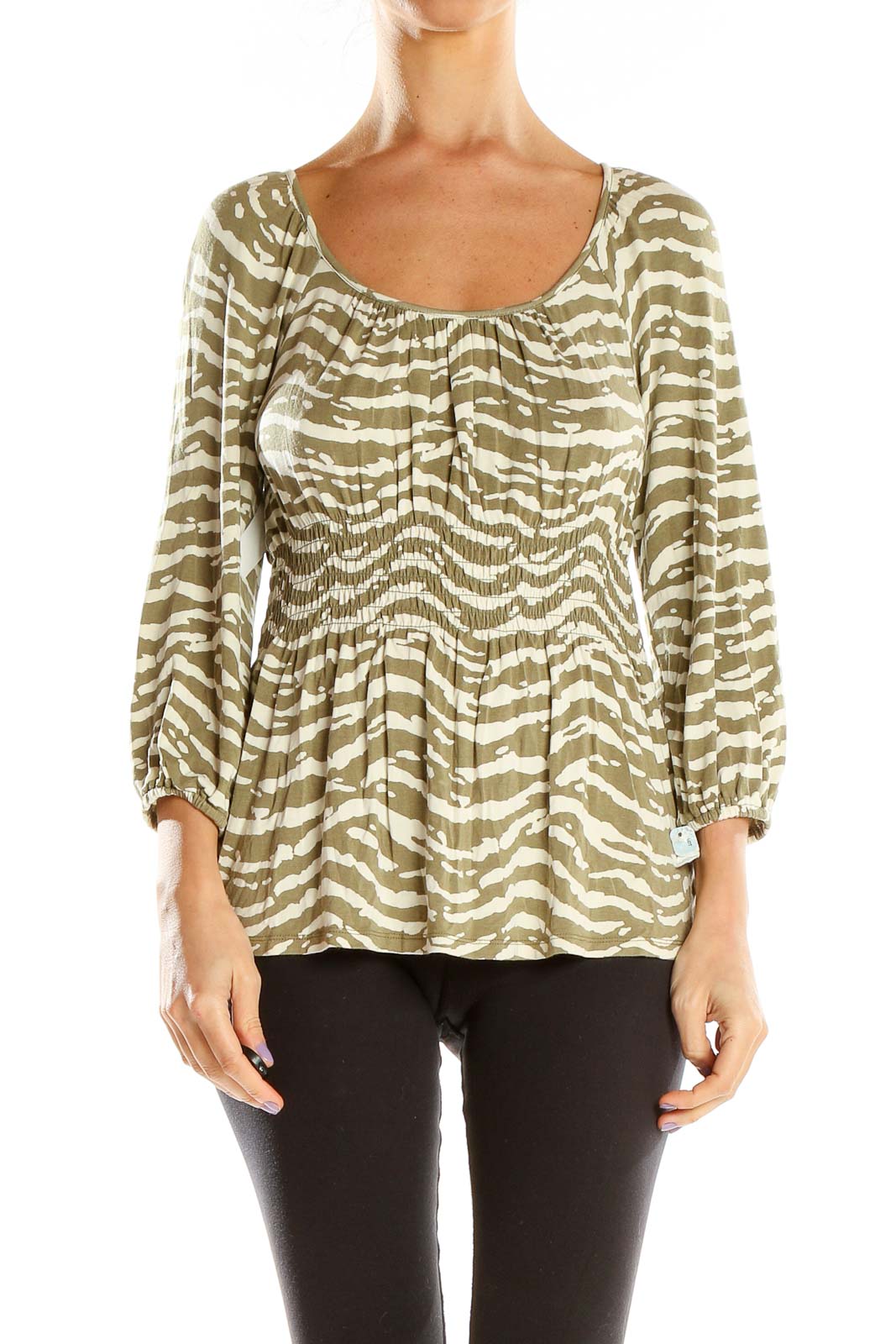 Front view of MICHAEL Michael Kors olive zebra print blouse with gathered neckline