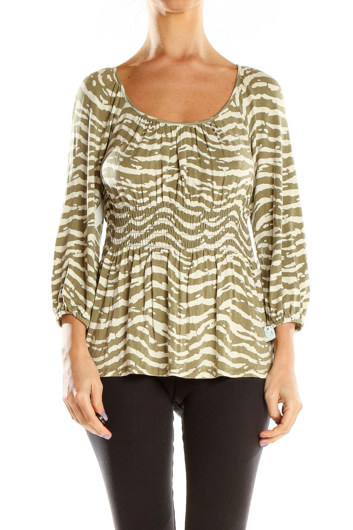 Front view of MICHAEL Michael Kors olive zebra print blouse with gathered neckline