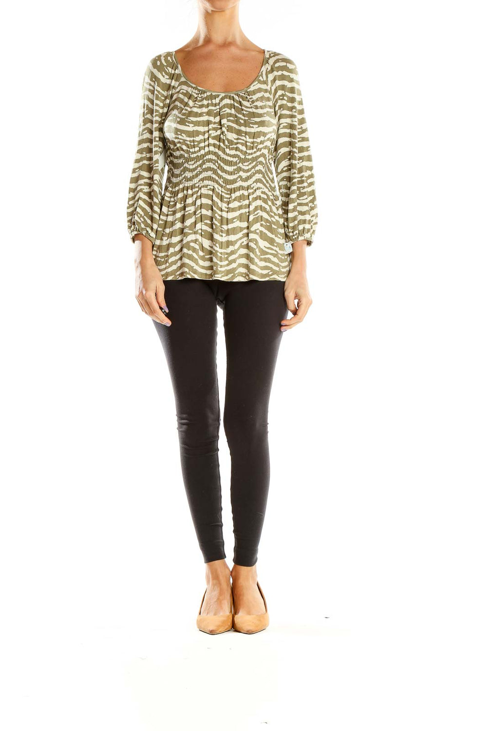 Front view of MICHAEL Michael Kors olive zebra print blouse with gathered neckline