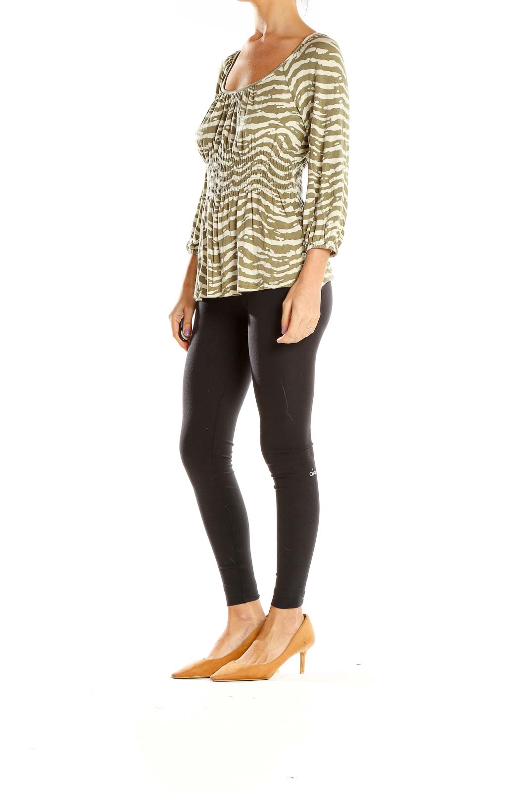 Front view of MICHAEL Michael Kors olive zebra print blouse with gathered neckline