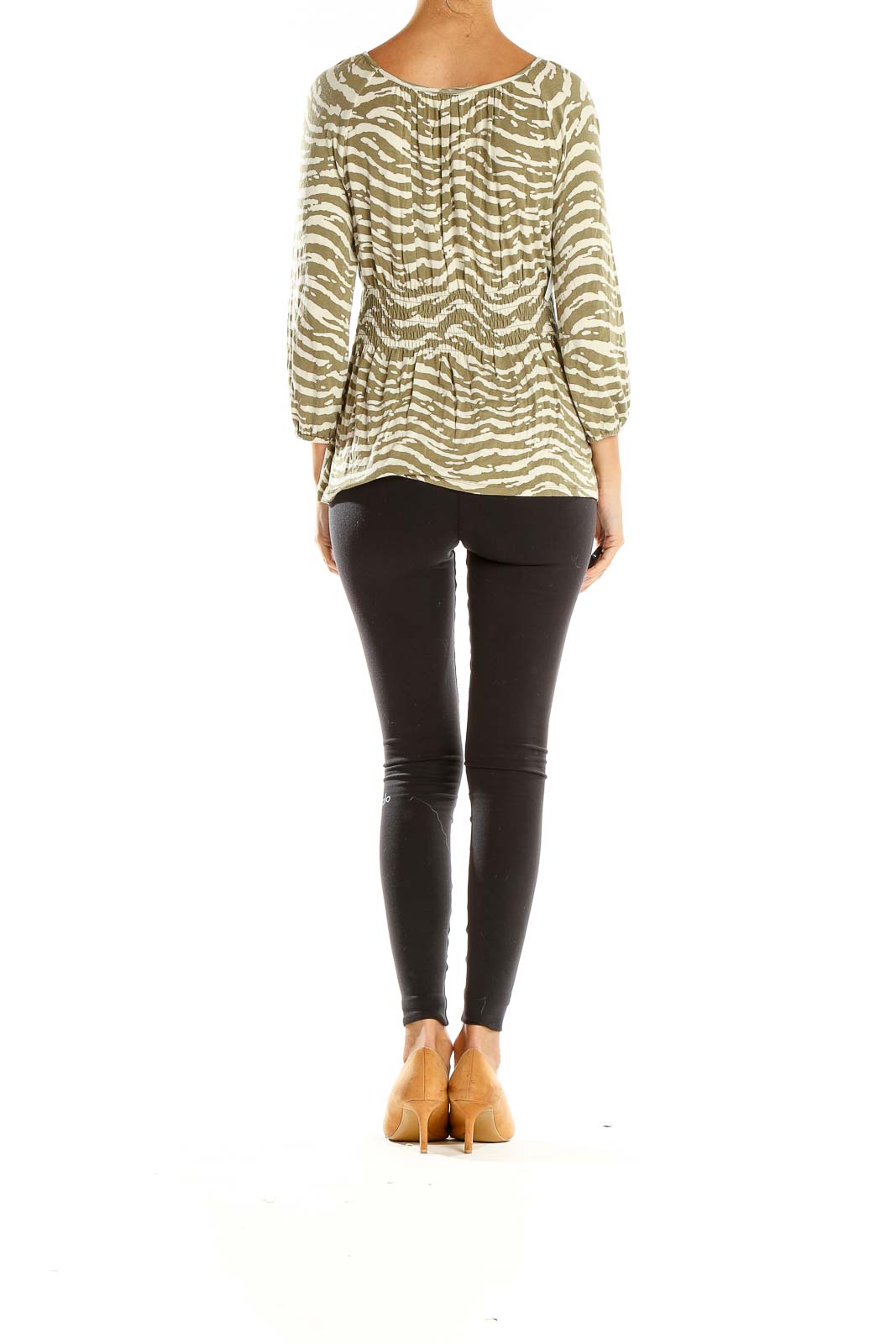 Side view of MICHAEL Michael Kors olive zebra print blouse showing 3/4 length sleeves