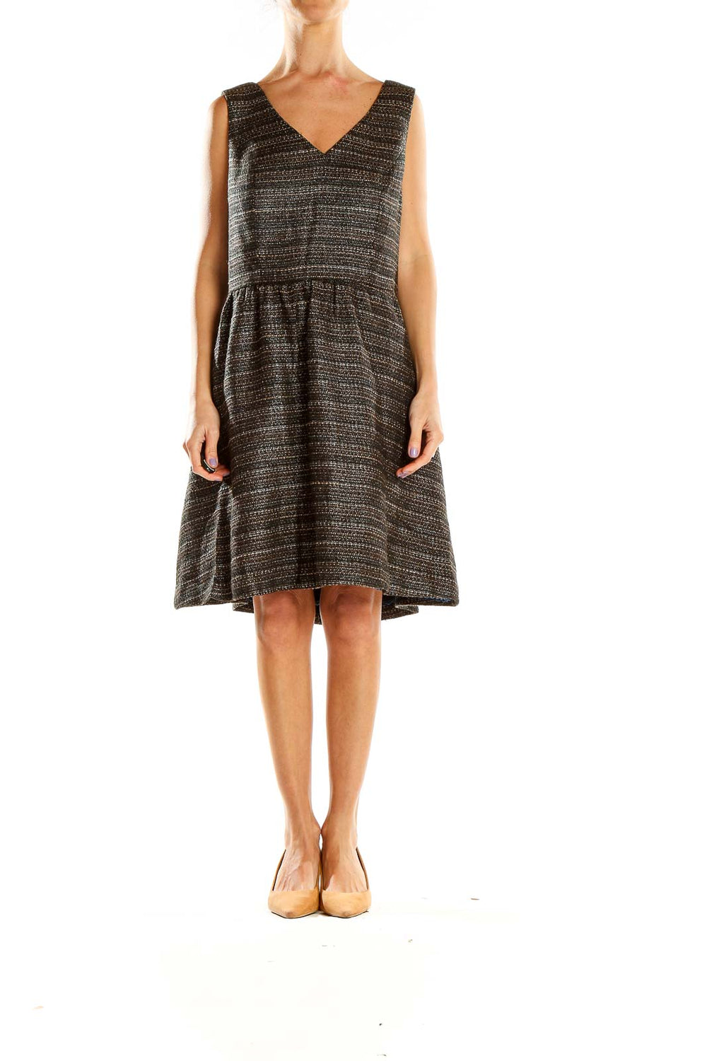 Front view of Moulinette Soeurs black textured V-neck midi dress