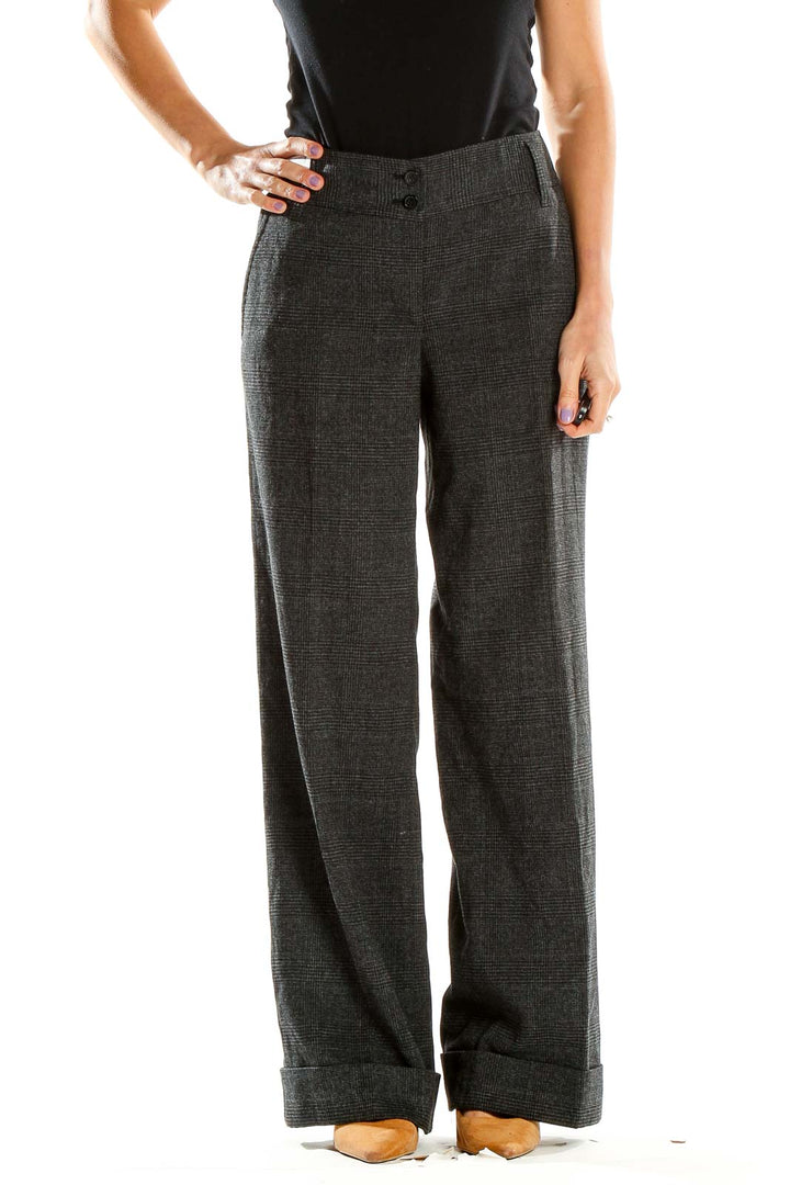 Front view of MICHAEL Michael Kors gray plaid wide-leg trousers on model