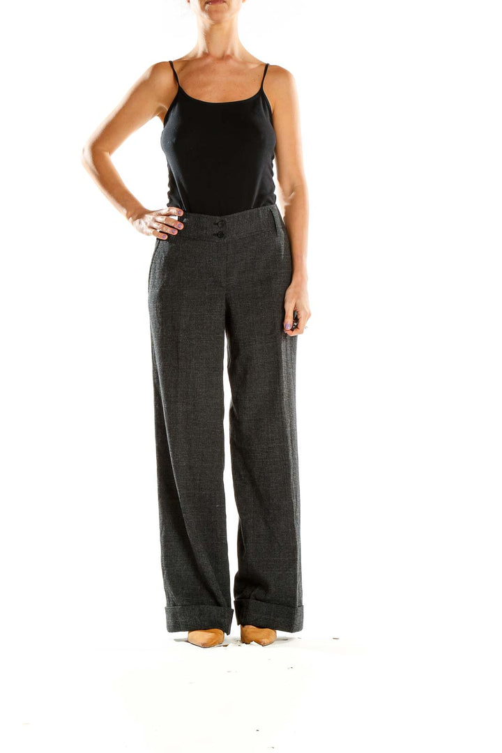 Front view of MICHAEL Michael Kors gray plaid wide-leg trousers on model