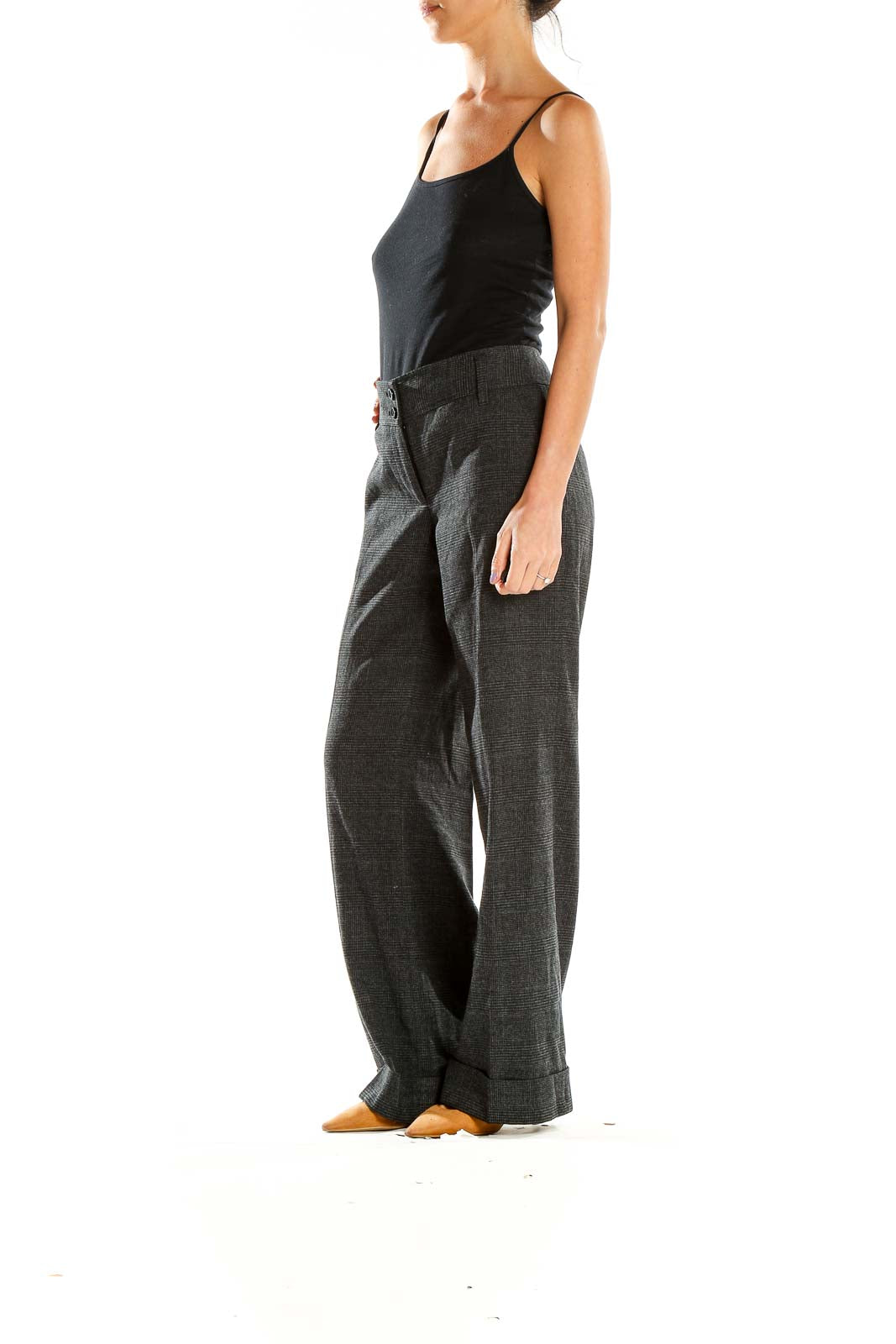 Front view of MICHAEL Michael Kors gray plaid wide-leg trousers on model