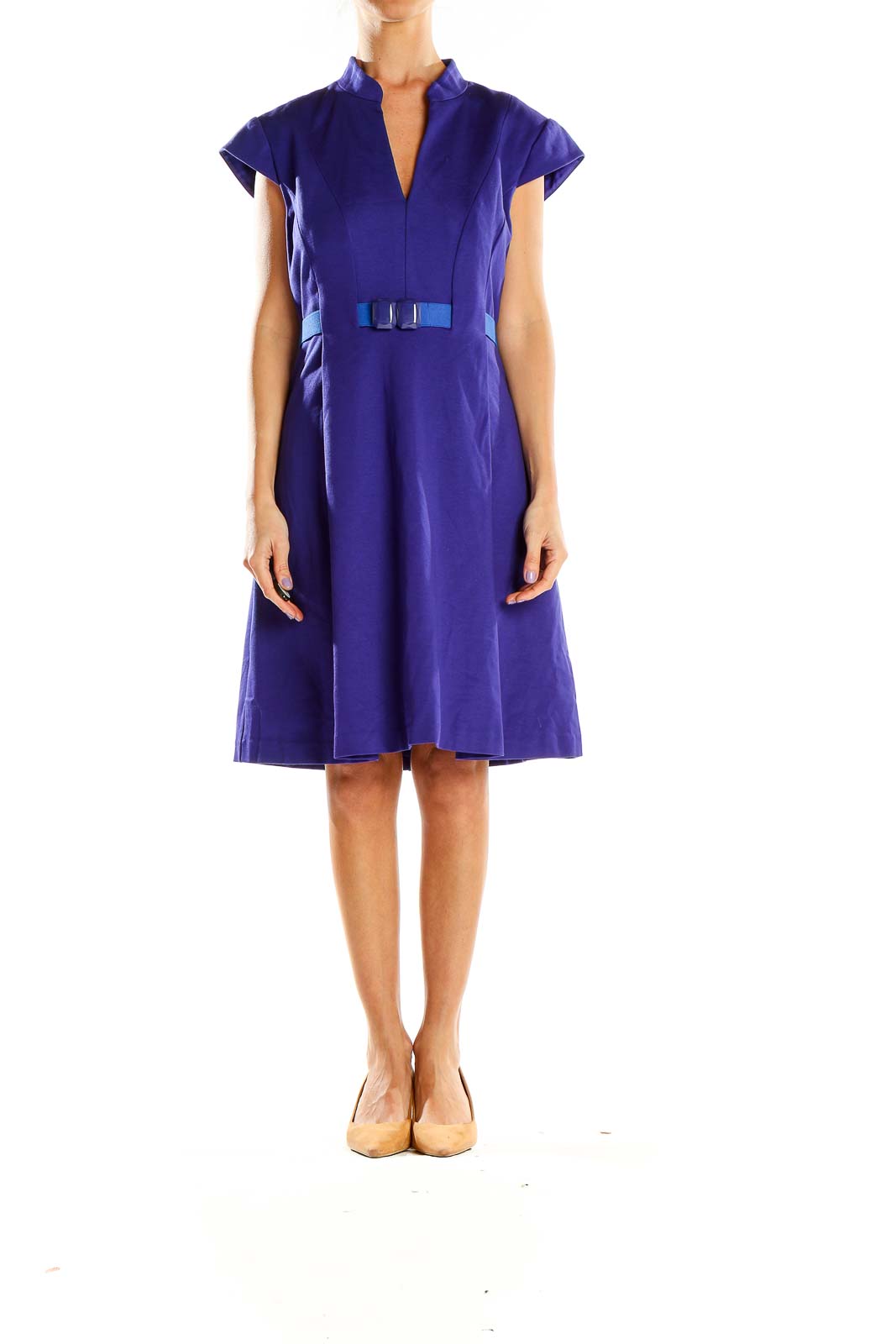 Front view of purple Trina Turk A-line dress with cap sleeves and blue bow accent