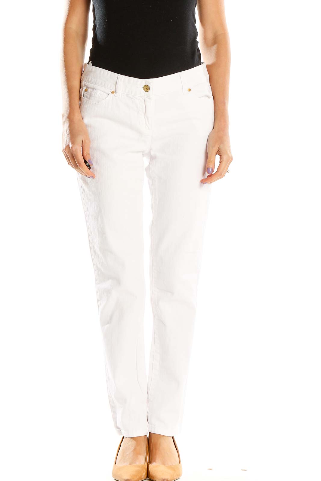Front view of Michael Kors white straight-leg jeans on model