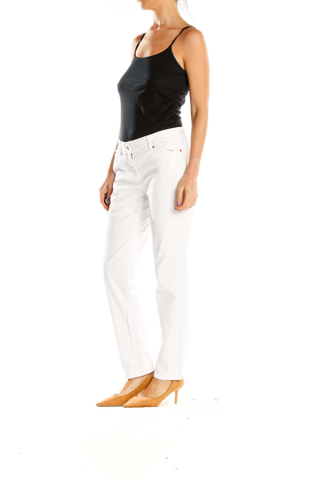 Front view of Michael Kors white straight-leg jeans on model