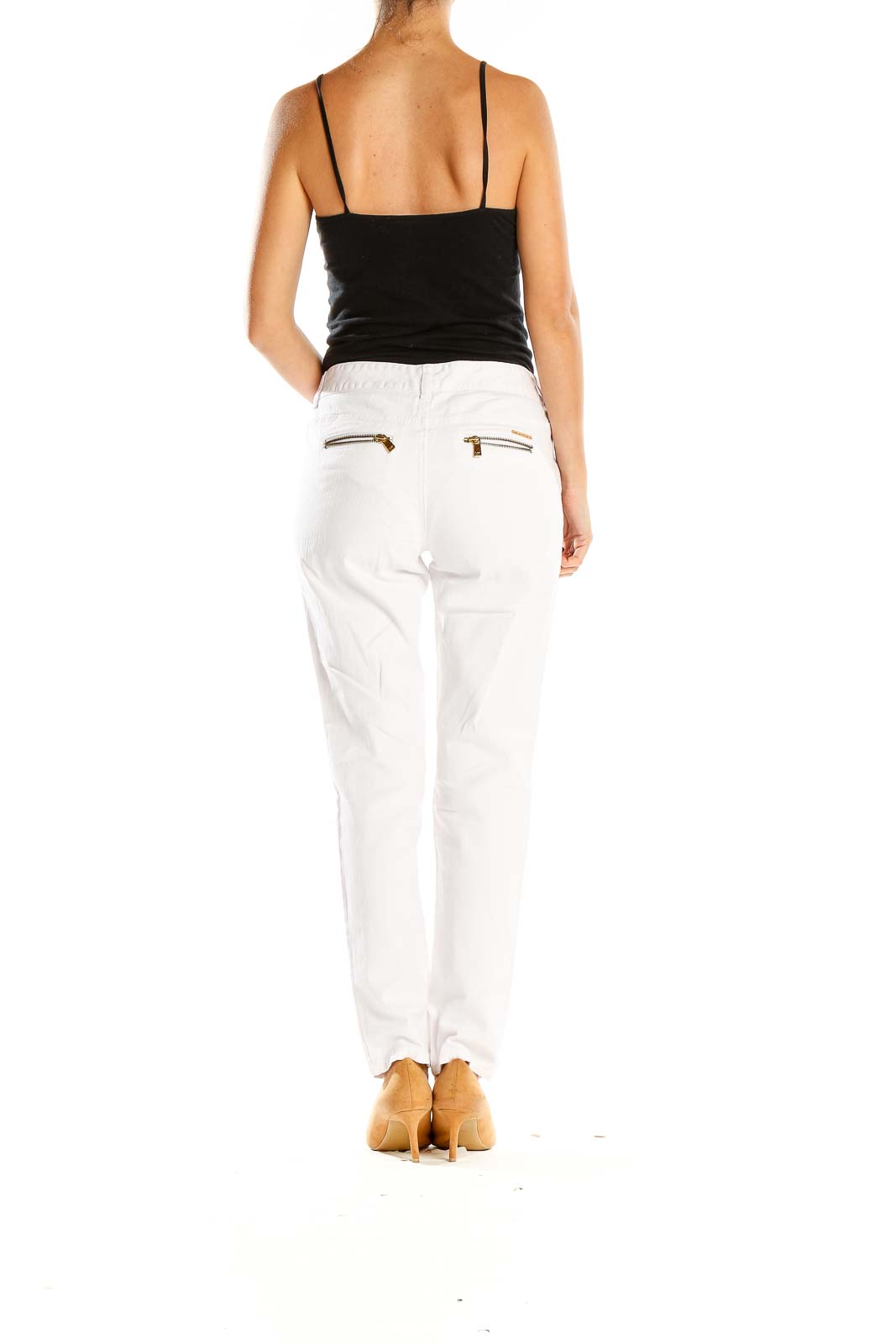 Side view of Michael Kors white straight-leg jeans on model