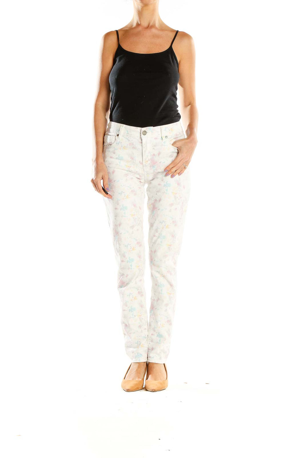 Front view of Sanctuary white floral print skinny jeans