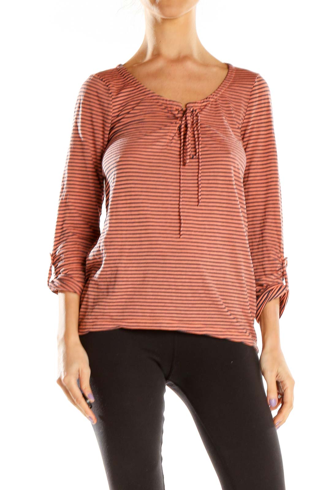 Front view of Splendid rust striped long sleeve Henley top