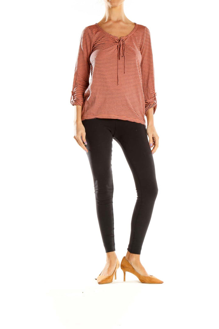 Front view of Splendid rust striped long sleeve Henley top