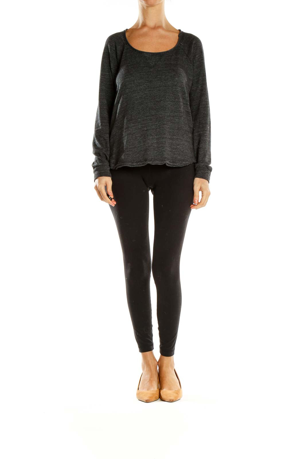 Front view of Splendid charcoal heather long-sleeve top with scoop neck