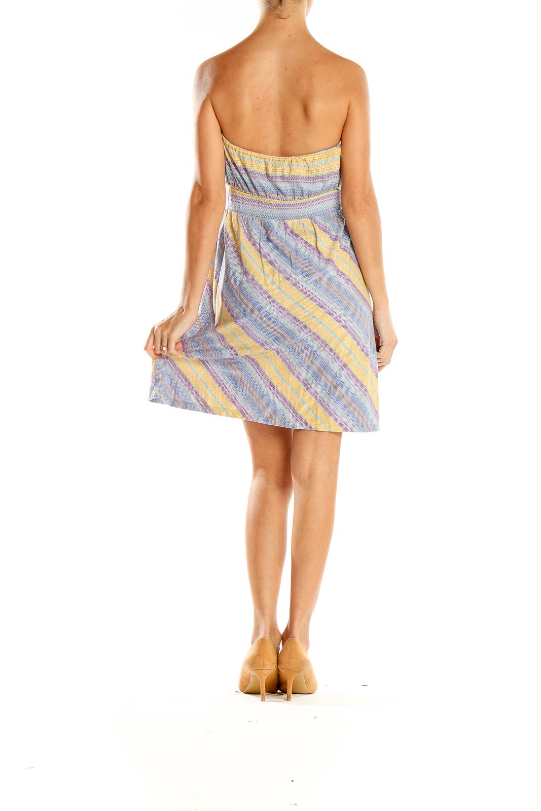 Side view of O'Neill blue and yellow striped strapless sundress