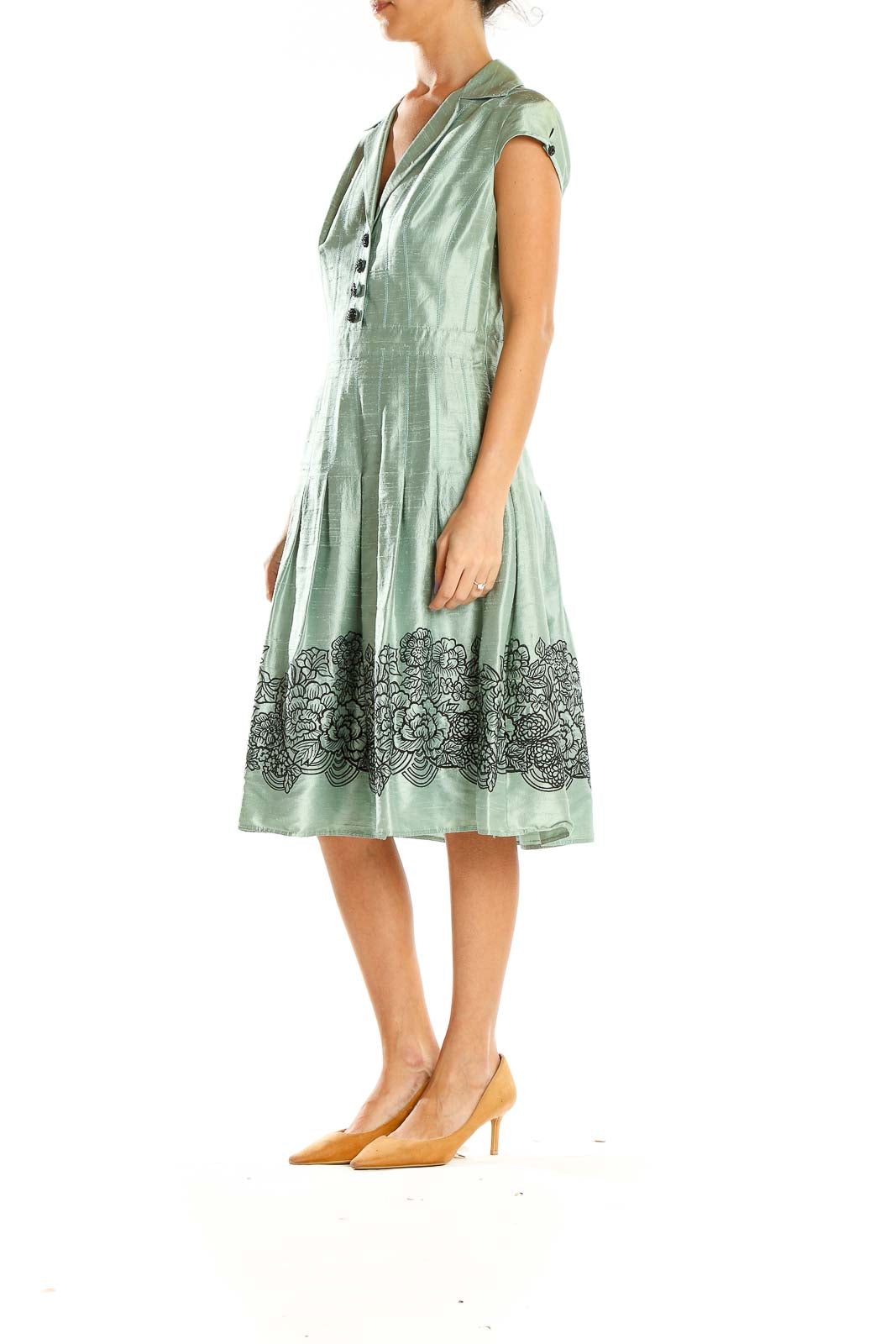 Front view of mint green Kay Unger dress with V-neck and floral embroidery