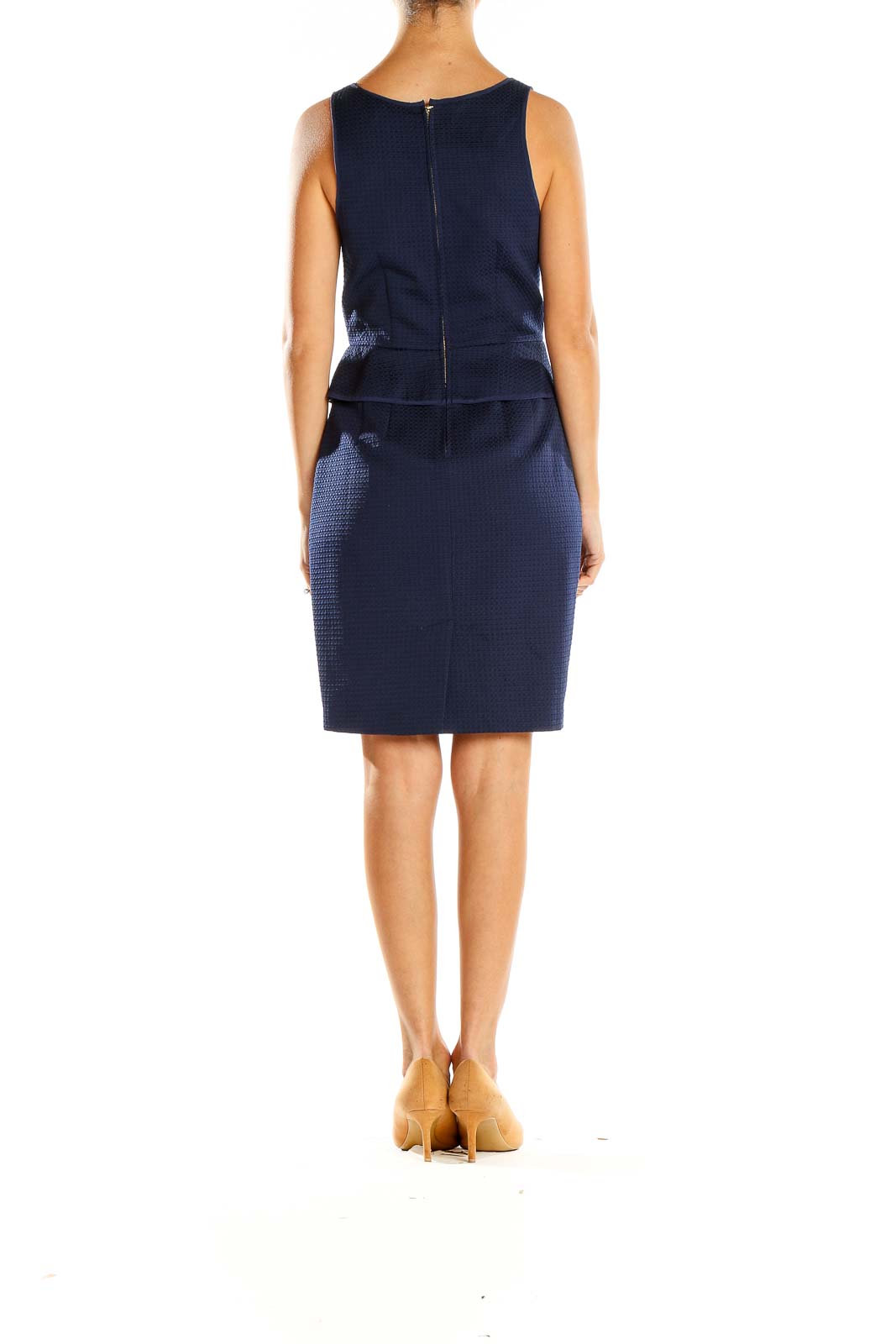 Side view of Club Monaco navy textured peplum sheath dress