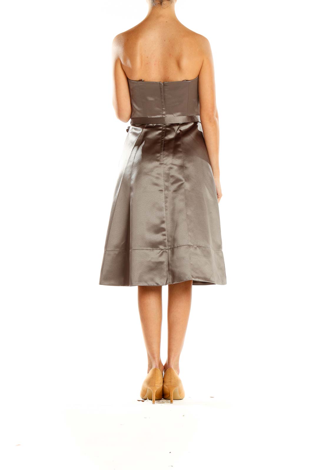 Side view of BCBG MaxAzria taupe strapless cocktail dress showing A-line skirt