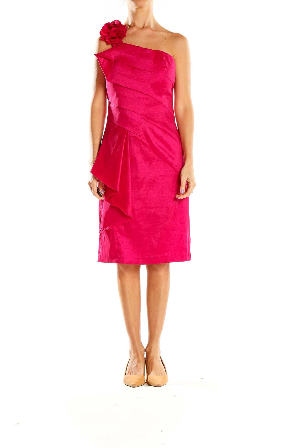 Front view of hot pink one-shoulder cocktail dress with floral accent