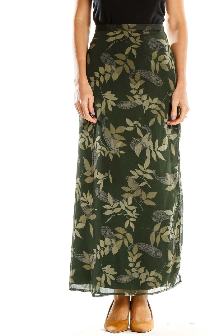 Front view of Maggie McNaughton green floral maxi skirt with leaf pattern