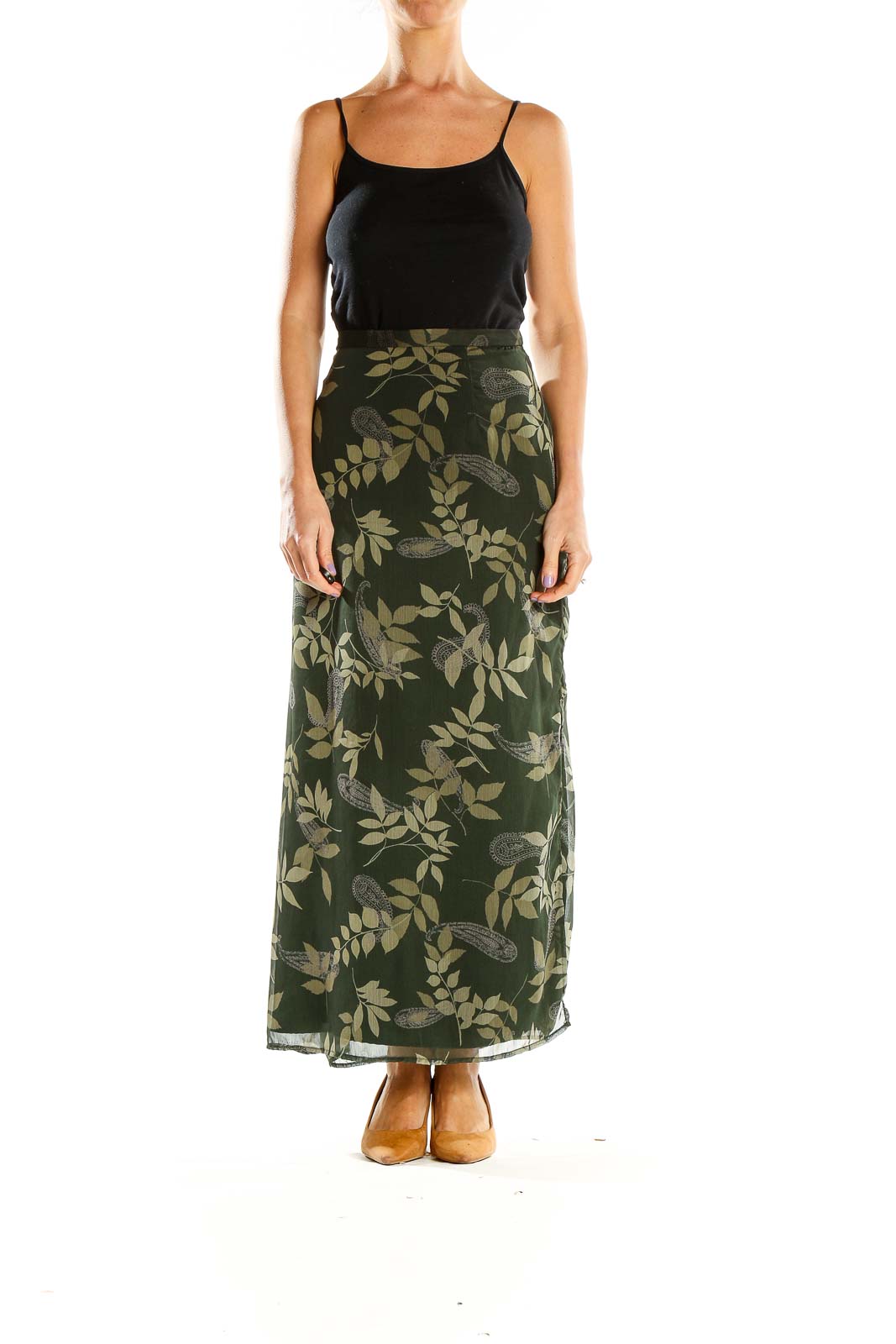 Front view of Maggie McNaughton green floral maxi skirt with leaf pattern
