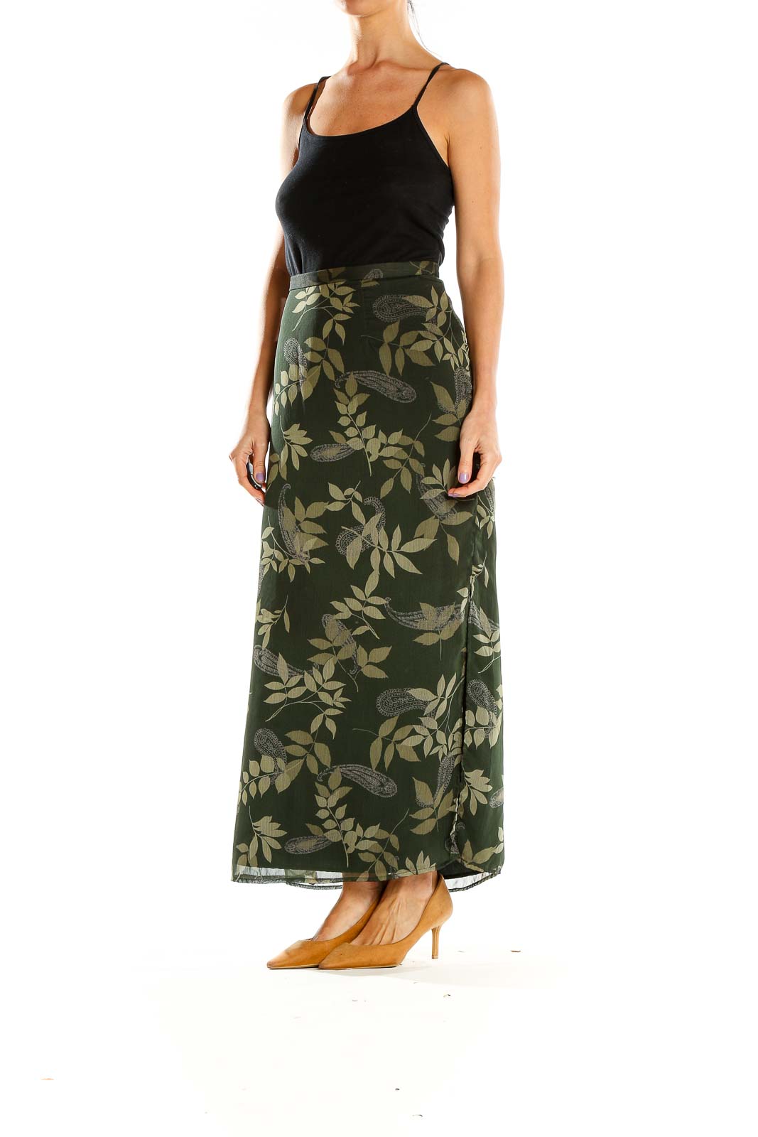 Front view of Maggie McNaughton green floral maxi skirt with leaf pattern