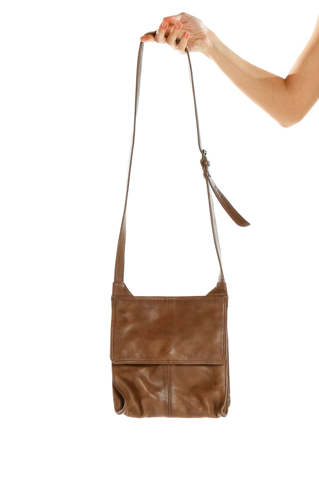 Front view of brown leather crossbody bag by RPS Bags