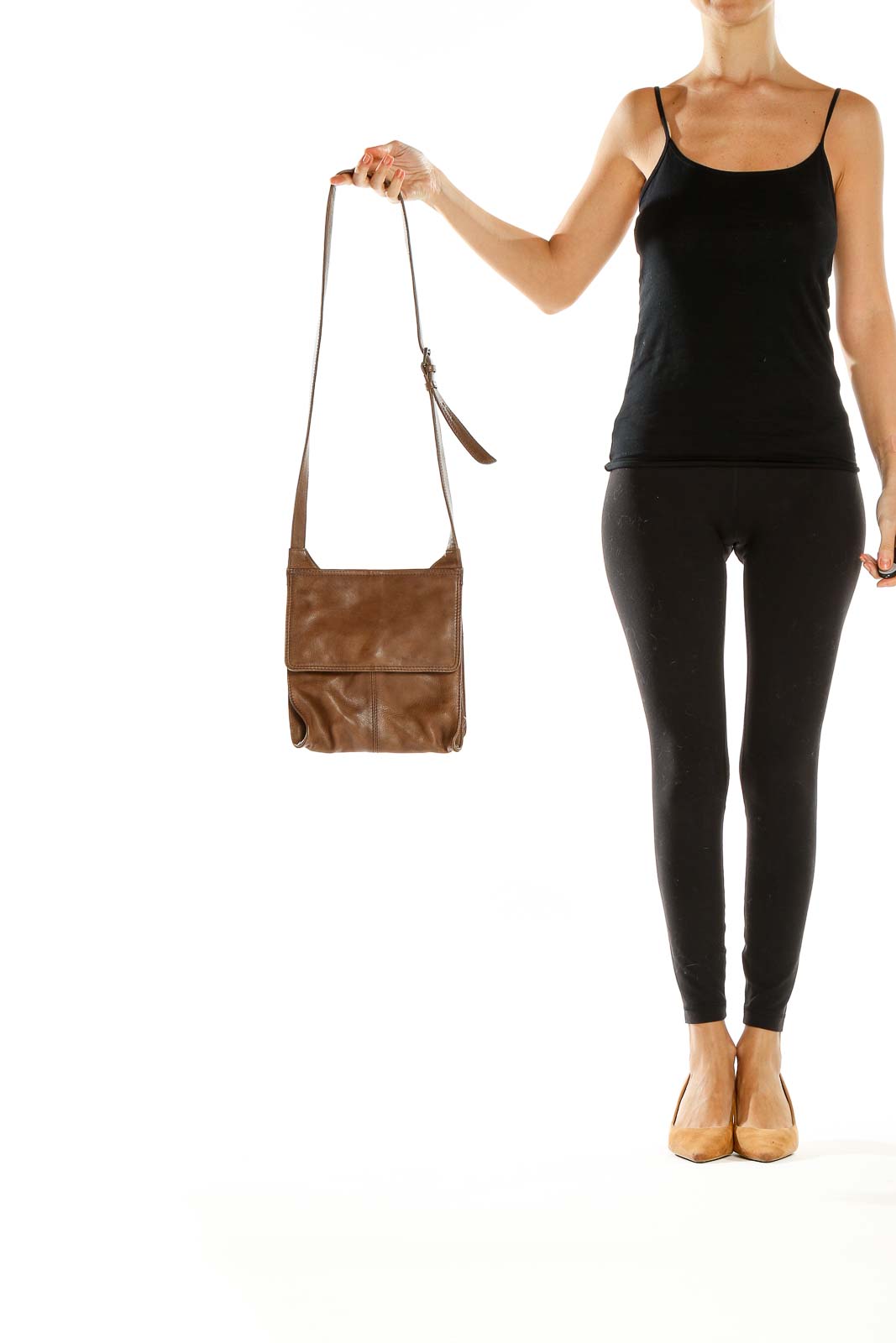 Front view of brown leather crossbody bag by RPS Bags