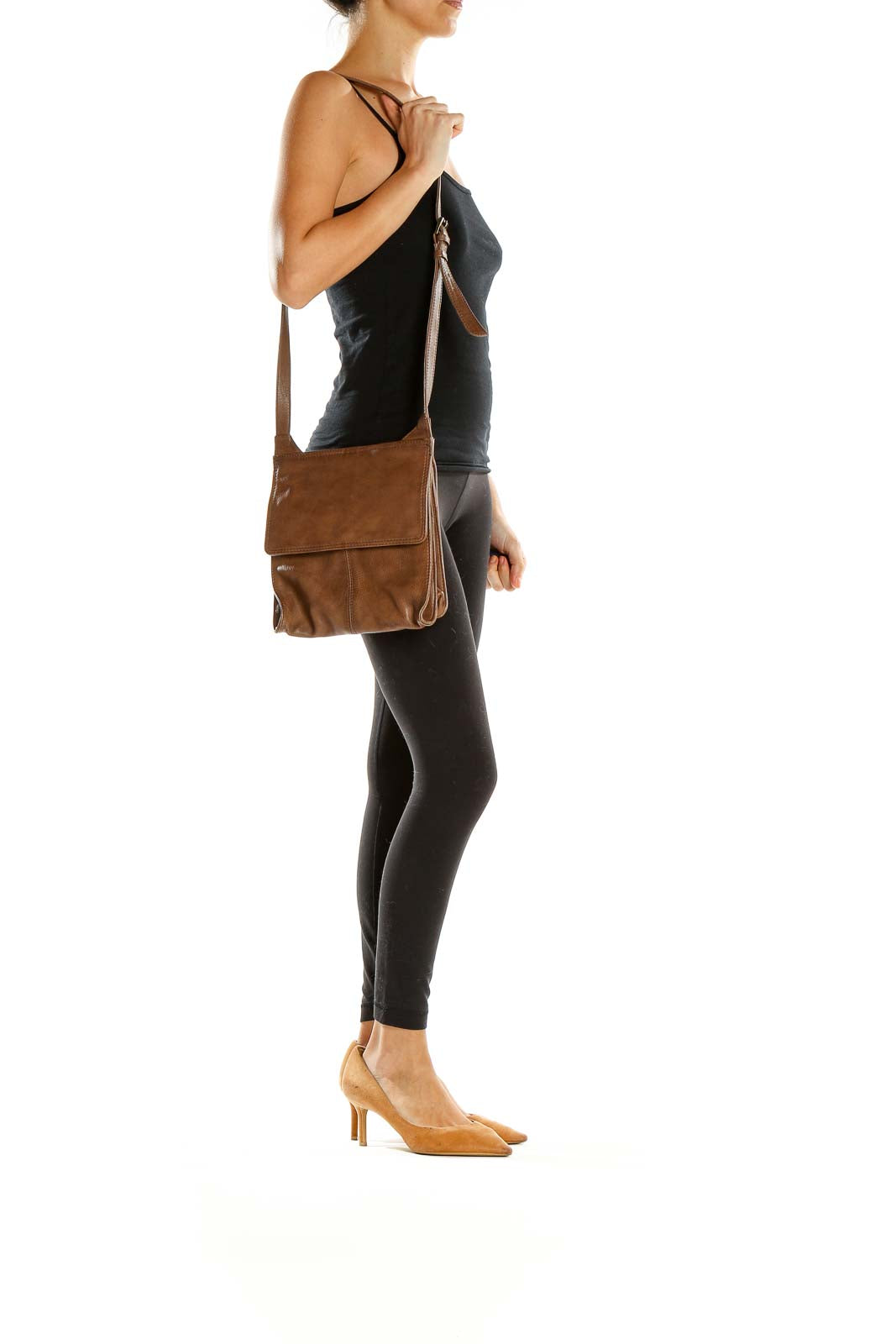 Front view of brown leather crossbody bag by RPS Bags