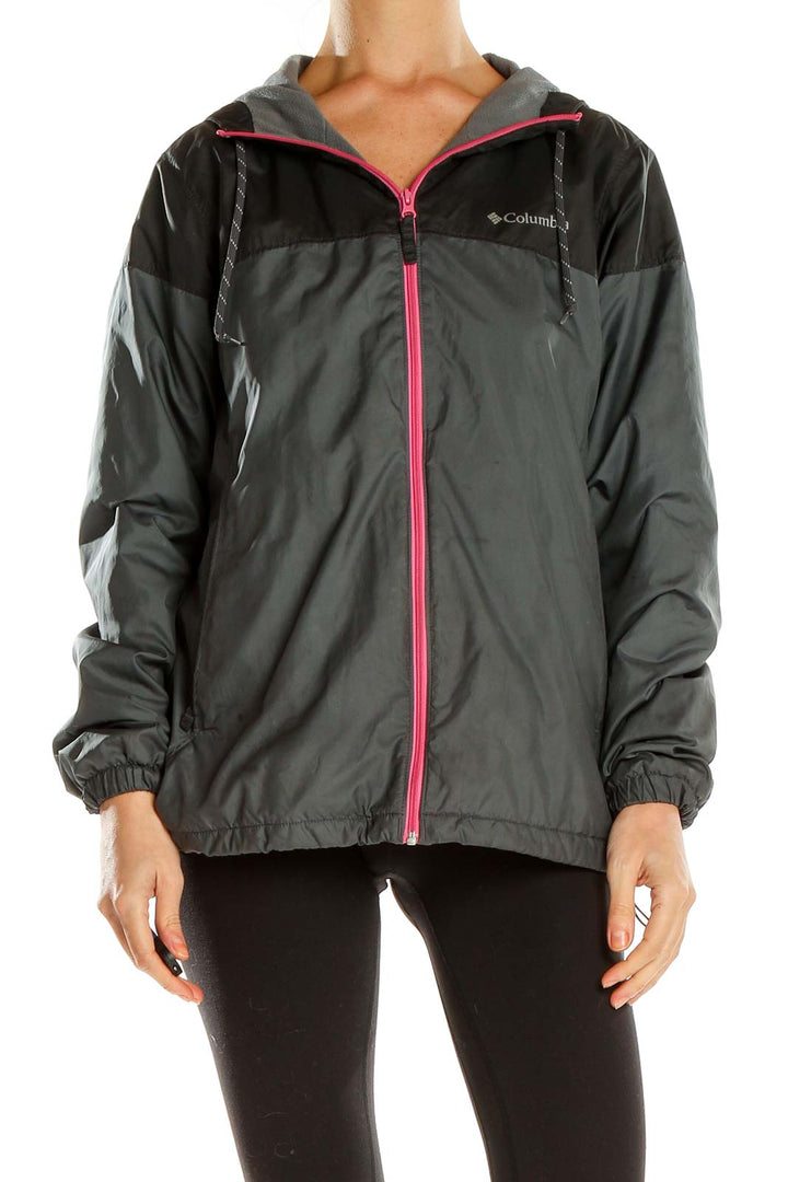 Front view of Columbia women's gray two-tone windbreaker jacket with pink zipper