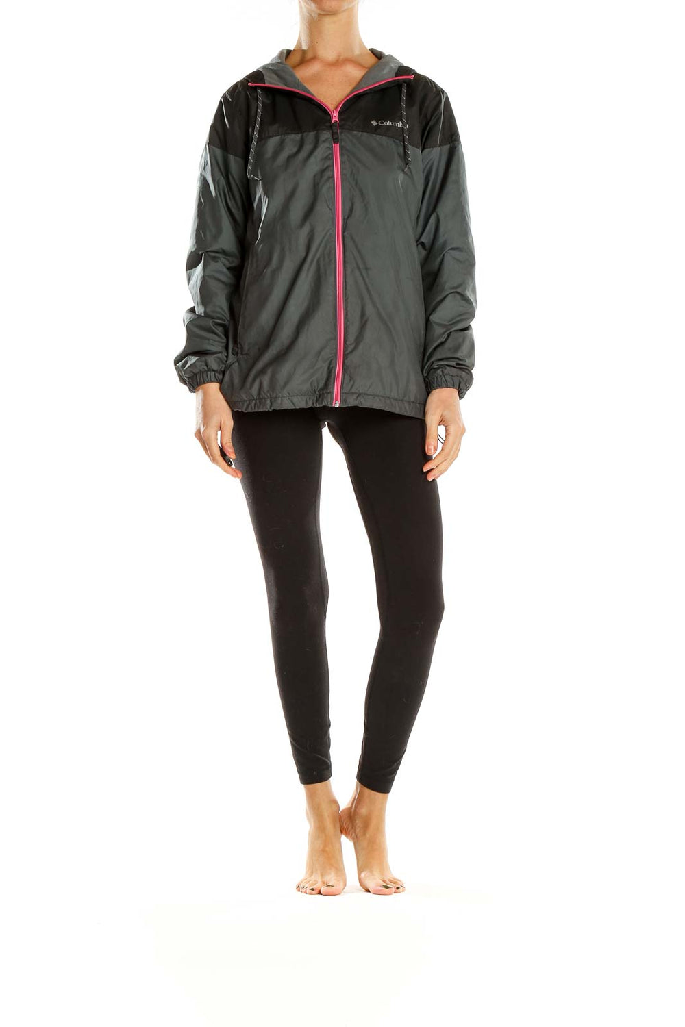 Front view of Columbia women's gray two-tone windbreaker jacket with pink zipper