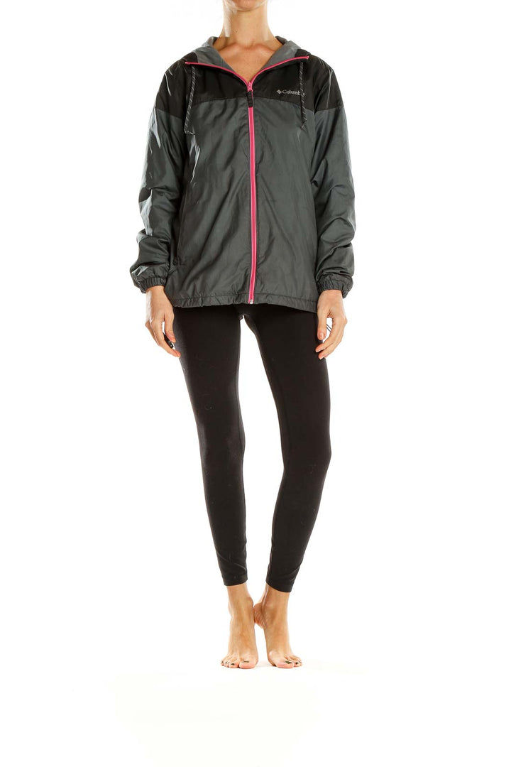 Front view of Columbia women's gray two-tone windbreaker jacket with pink zipper