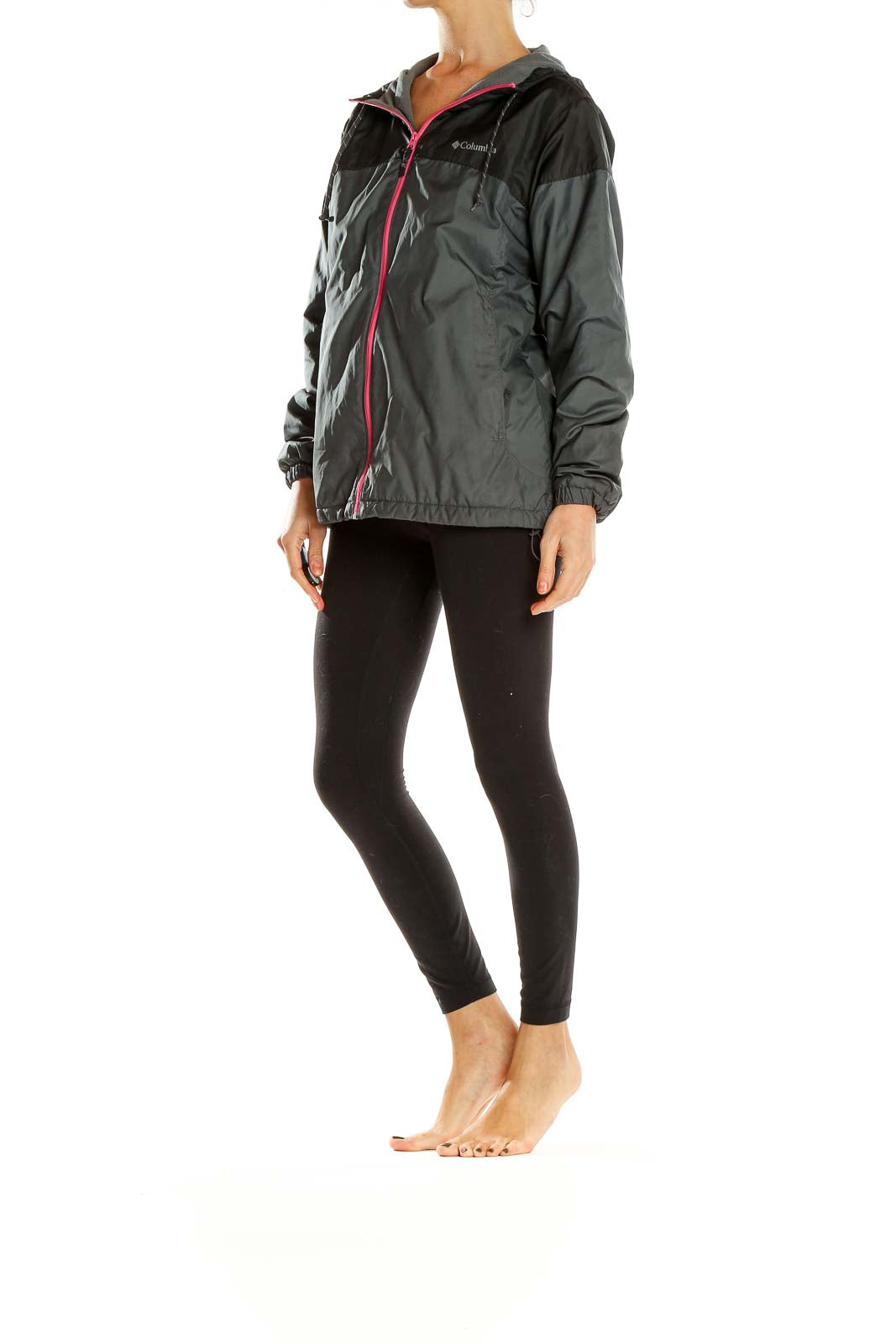 Front view of Columbia women's gray two-tone windbreaker jacket with pink zipper