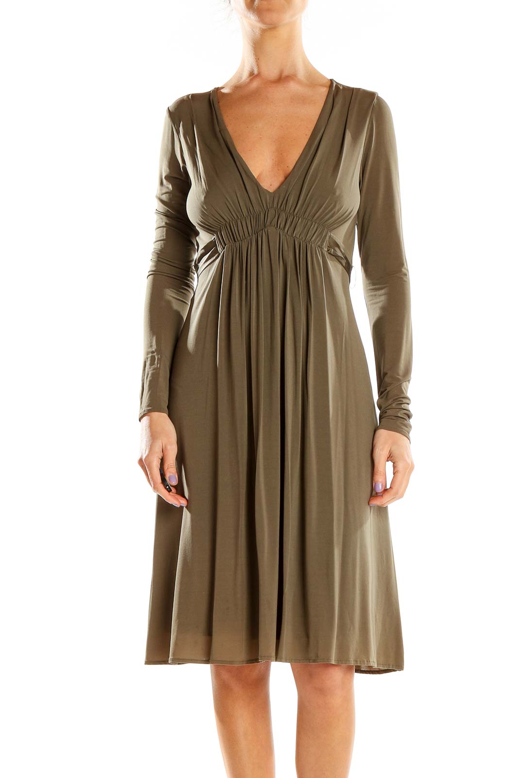 Front view of olive BCBG MaxAzria empire waist V-neck midi dress