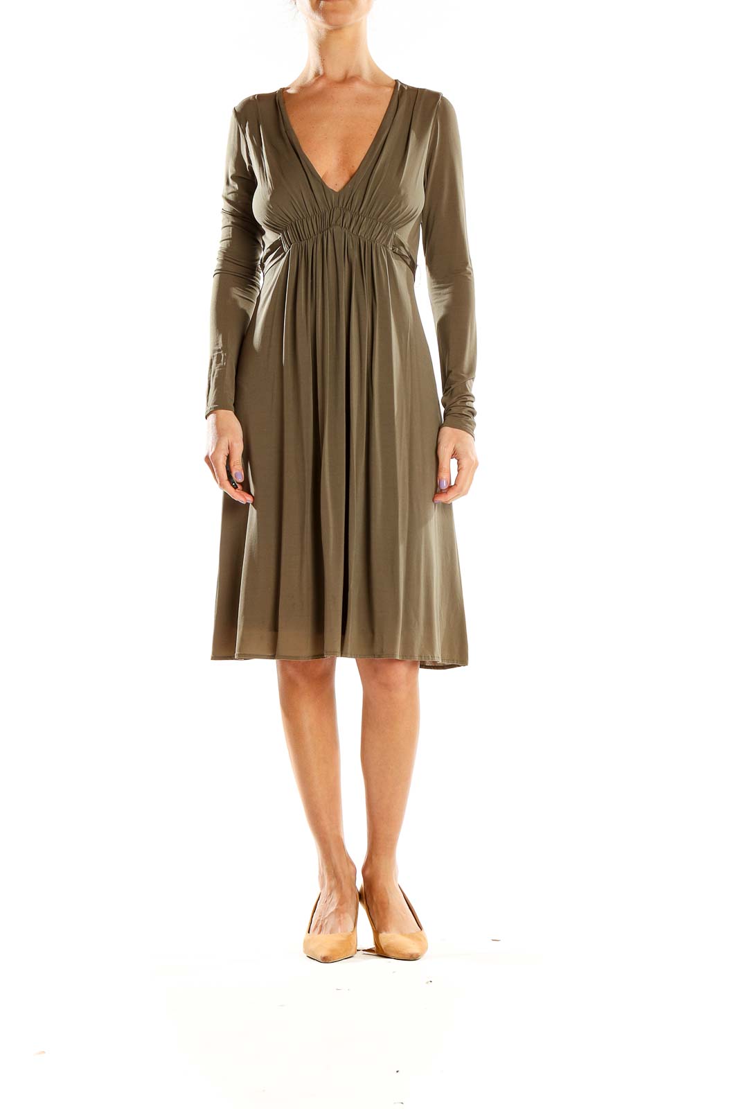 Front view of olive BCBG MaxAzria empire waist V-neck midi dress