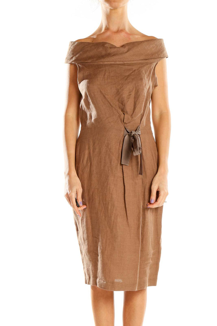 Front view of tan off-shoulder linen midi dress by NIU with side tie