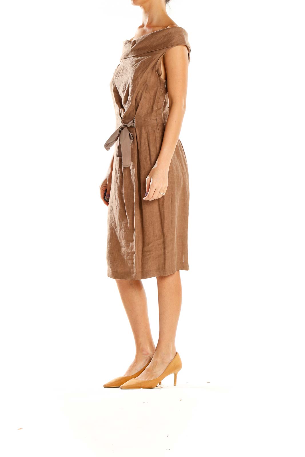 Front view of tan off-shoulder linen midi dress by NIU with side tie