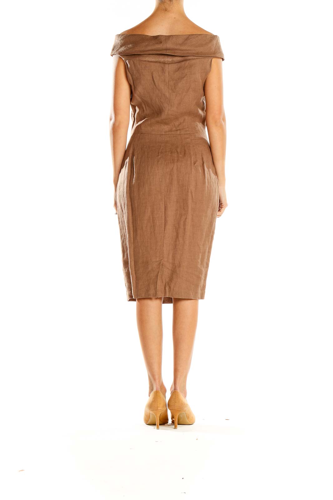 Side view of tan off-shoulder linen midi dress by NIU showing silhouette