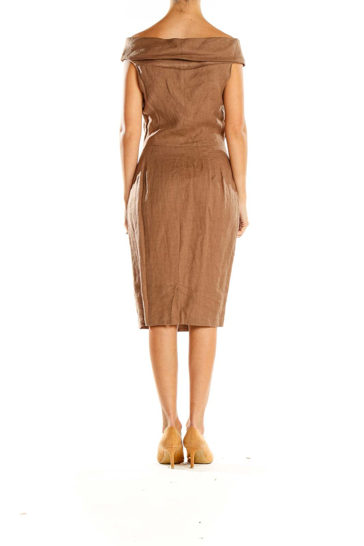 Side view of tan off-shoulder linen midi dress by NIU showing silhouette