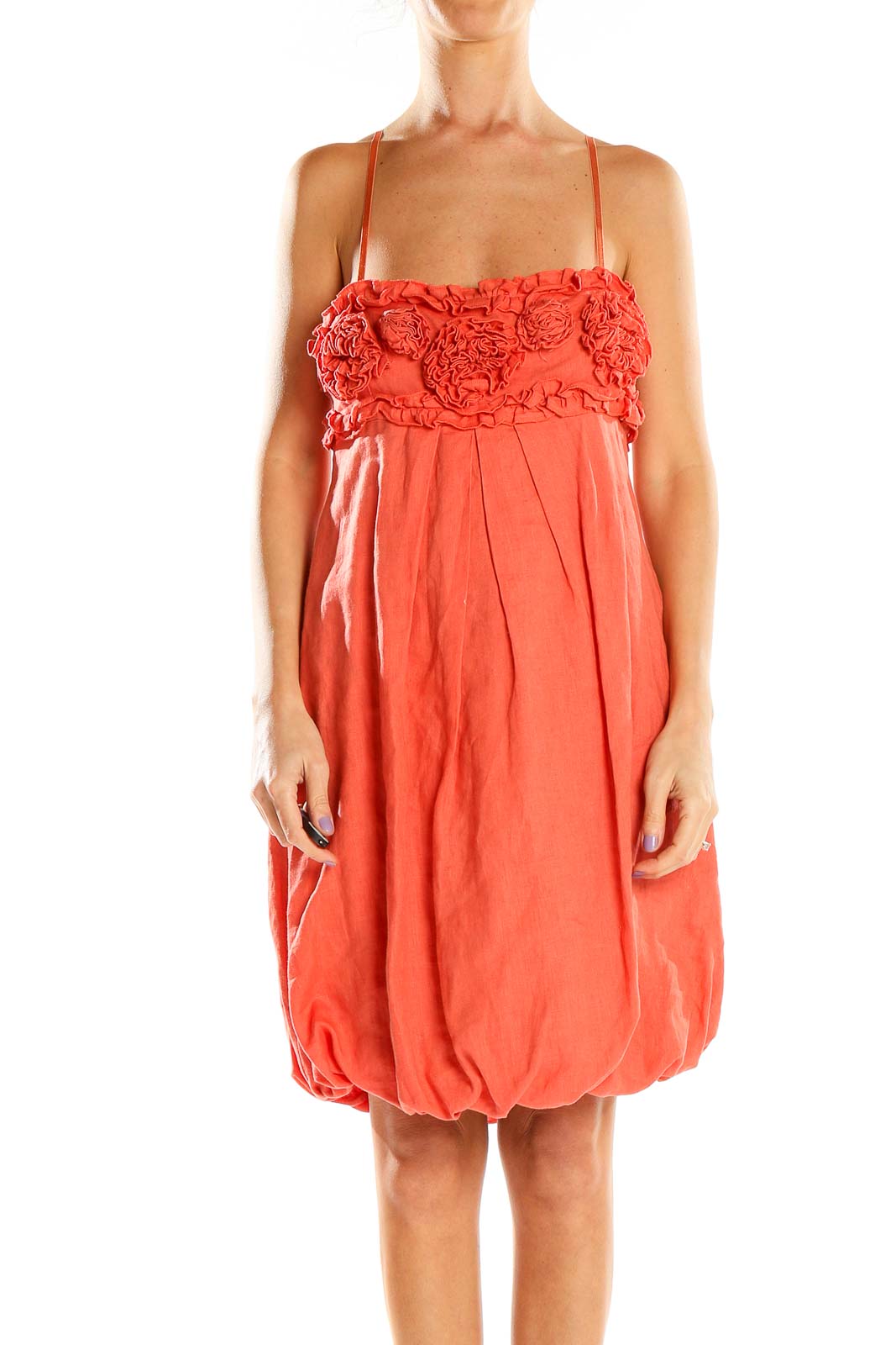 Front view of coral Rinascimento dress with floral embellished bodice and bubble skirt