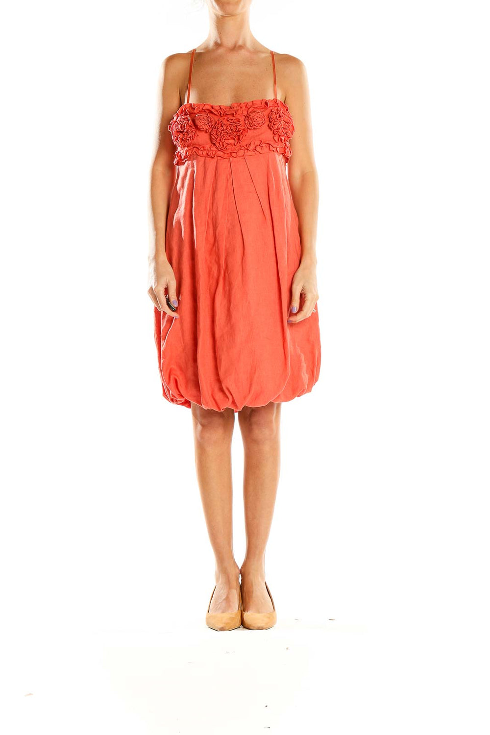 Front view of coral Rinascimento dress with floral embellished bodice and bubble skirt