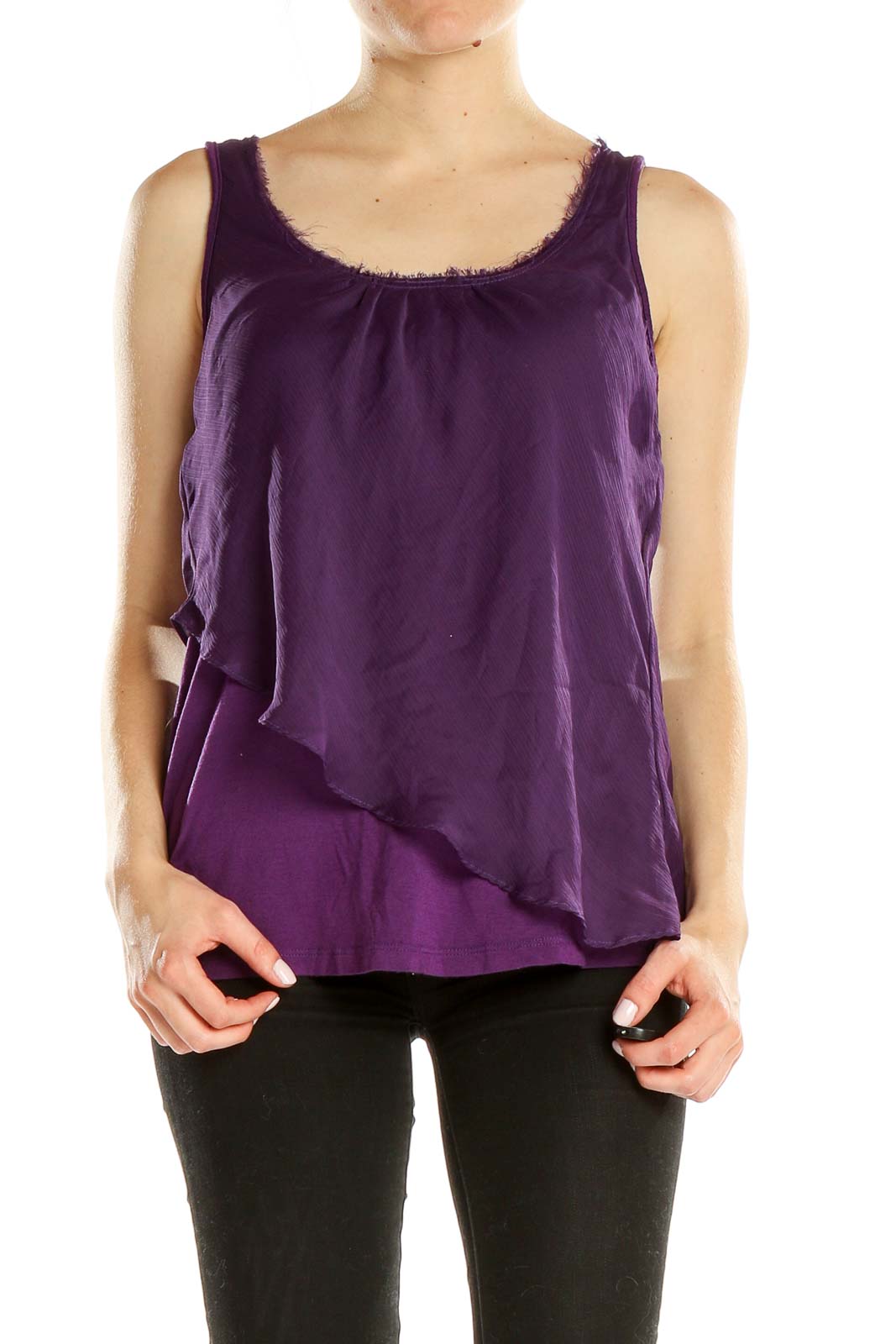 Front view of Gibson purple layered sleeveless top with scoop neckline