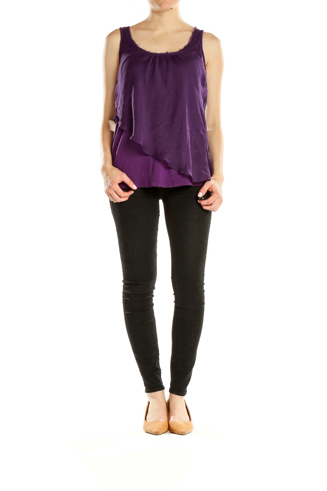Front view of Gibson purple layered sleeveless top with scoop neckline