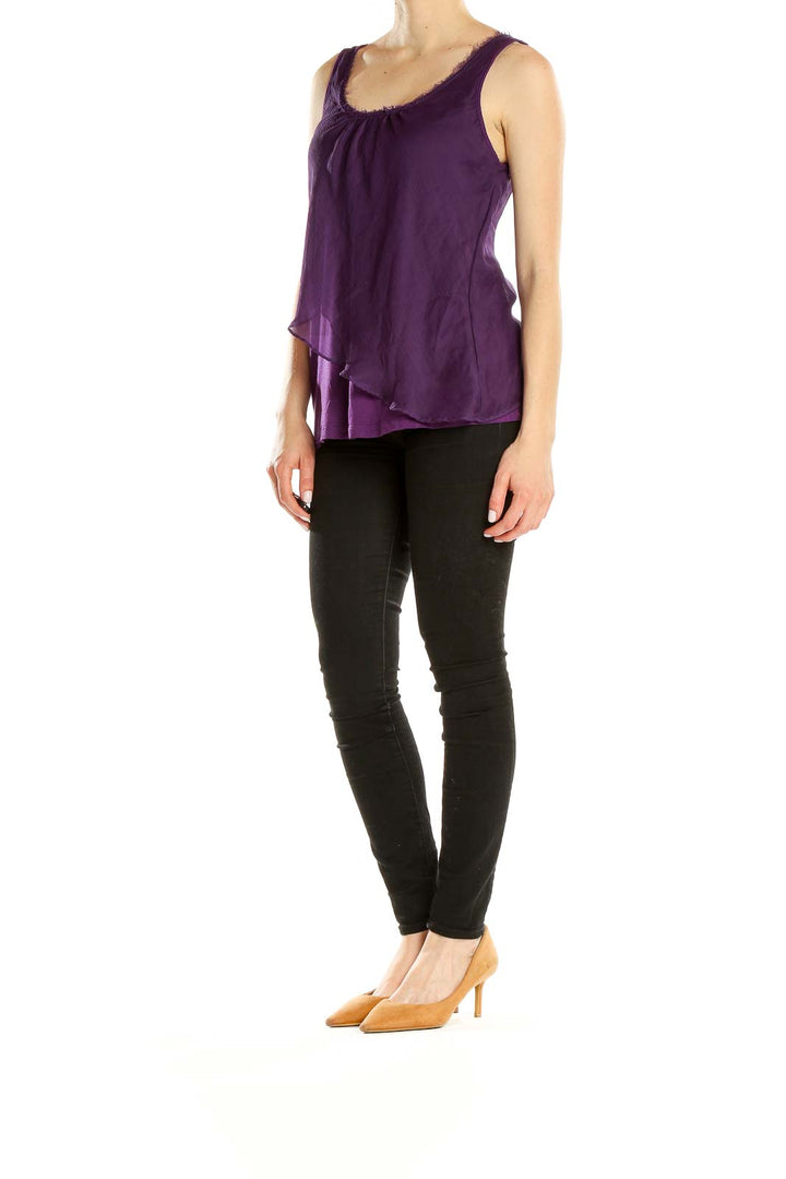 Front view of Gibson purple layered sleeveless top with scoop neckline