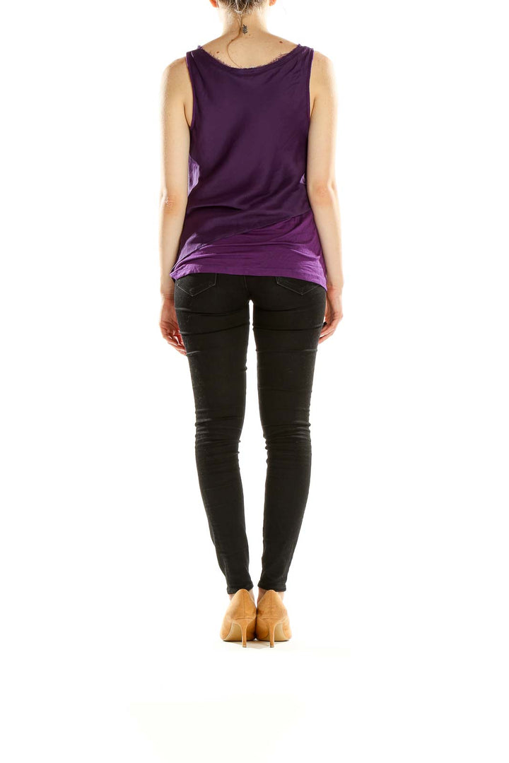 Back view of Gibson purple layered sleeveless top showing asymmetrical design
