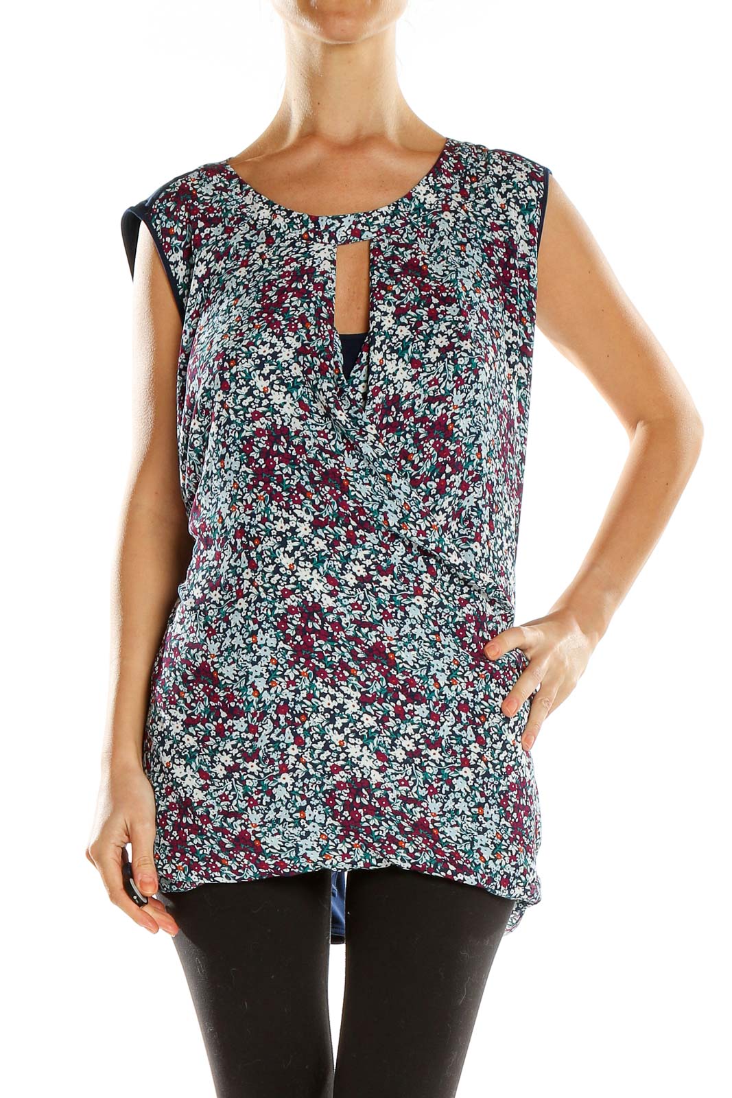 Front view of 41 Hawthorn multicolor floral sleeveless blouse with keyhole neckline