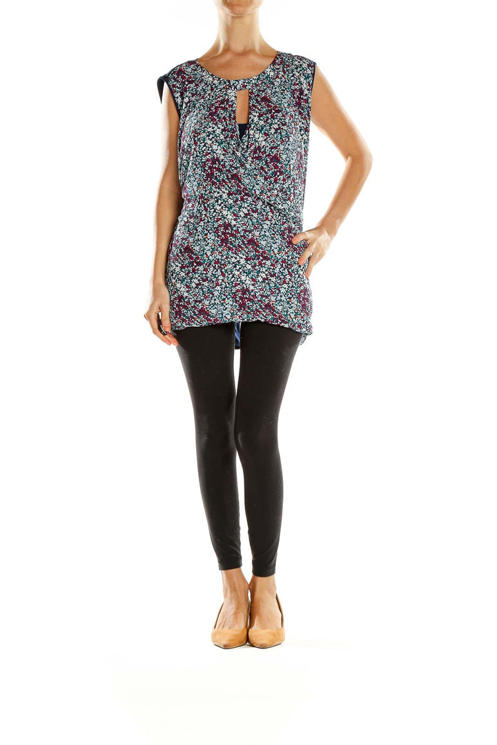 Front view of 41 Hawthorn multicolor floral sleeveless blouse with keyhole neckline