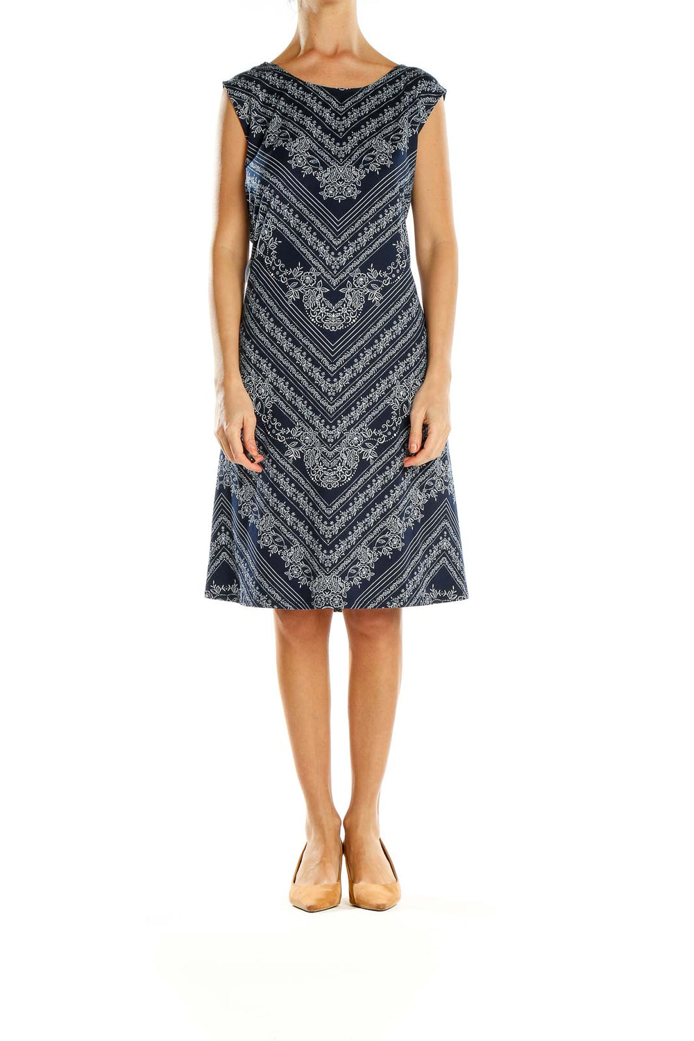Front view of Nine Britton Navy Floral Paisley Chevron Midi Dress on model