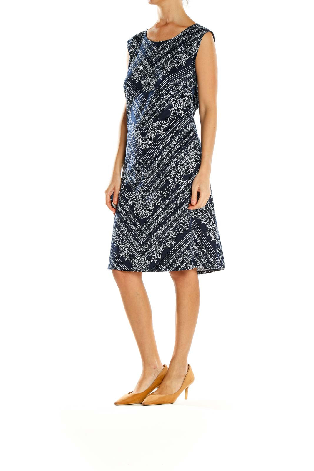Front view of Nine Britton Navy Floral Paisley Chevron Midi Dress on model