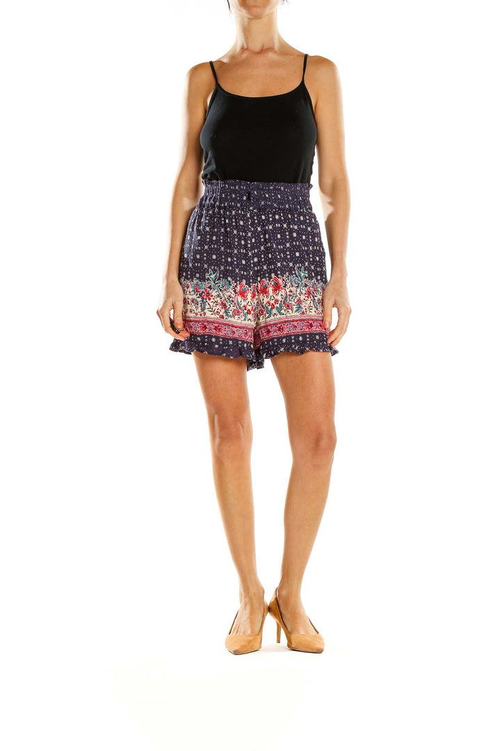 Front view of A'Beautiful Soul navy shorts with floral border print and smocked waistband